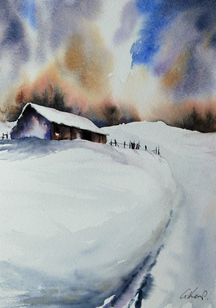 Barn on snowy hill #2 by Graham Kemp