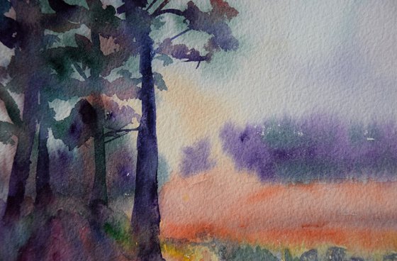 Sunset in the forest Small watercolor painting