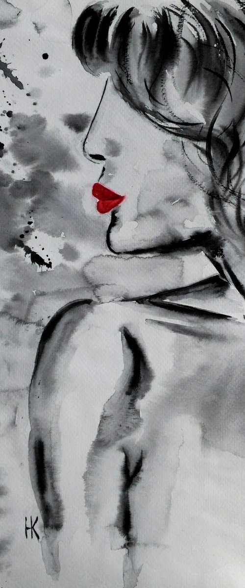 Girl Painting Faceless Original Art Female Portrait Watercolor Woman Artwork Home Wall Art 10 by 14" by Halyna Kirichenko by Halyna Kirichenko