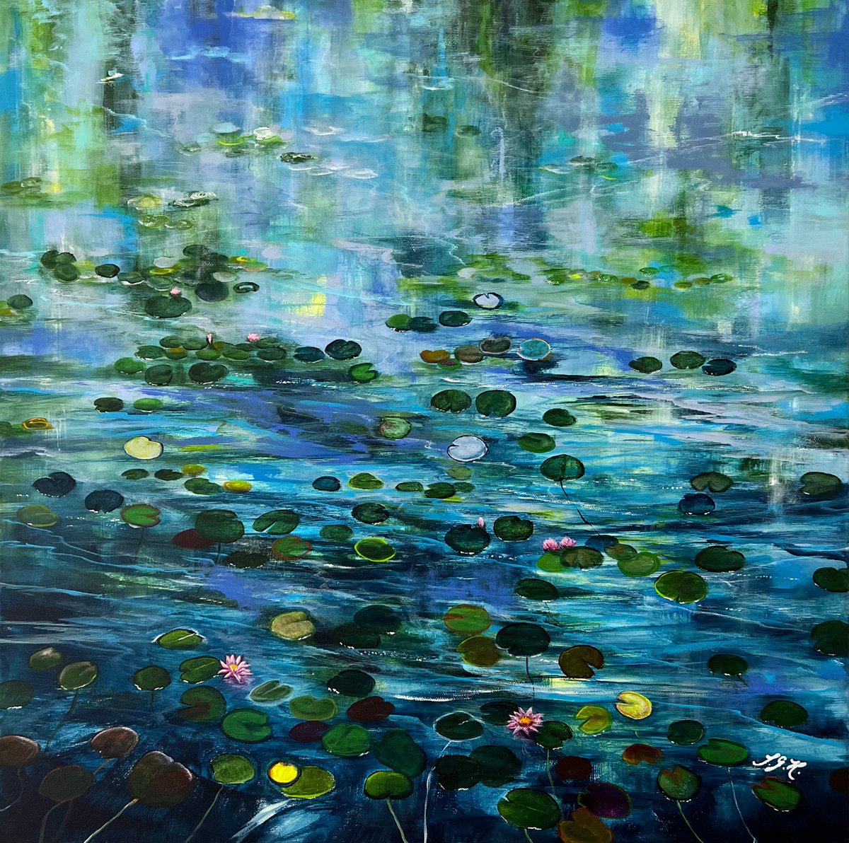 Impressionistic Botanical Acrylic Painting By Sandra Gebhardt-Hoepfner, 24 X 24", Water Lilies 8, Original Artwork