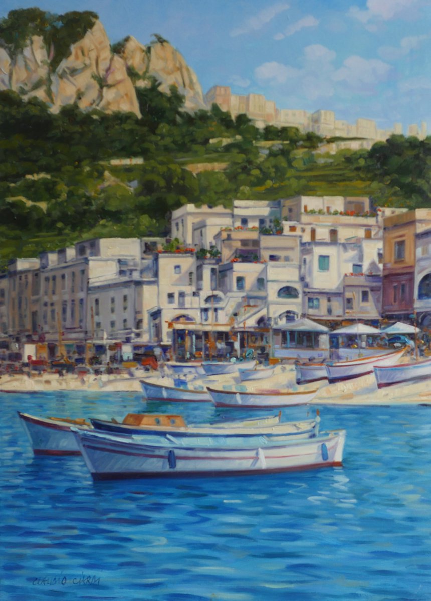 Impressionistic Cityscapes Oil Painting By Claudio Ciardi, 20 X 28, Capri, Original Artwork