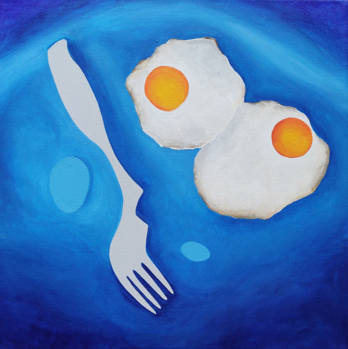 Urban And Pop Still Life Acrylic Painting By Vamosi Peter, 16 X 16", Still Life With Baked Eggs, Original Artwork