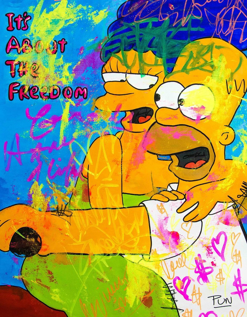 Urban And Pop Acrylic Painting , Freedom Ft. Homer And Marge Simpson By Carlos Pun Art, 28 X 35, Artwork For Sale On Artfinder