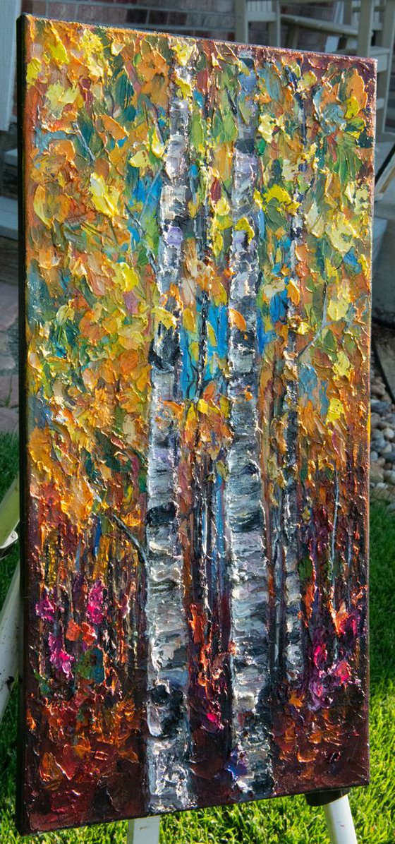 Birch Trees 1 A Palette Knife Oil Painting on Canvas -  10" X 20" X 0.5"