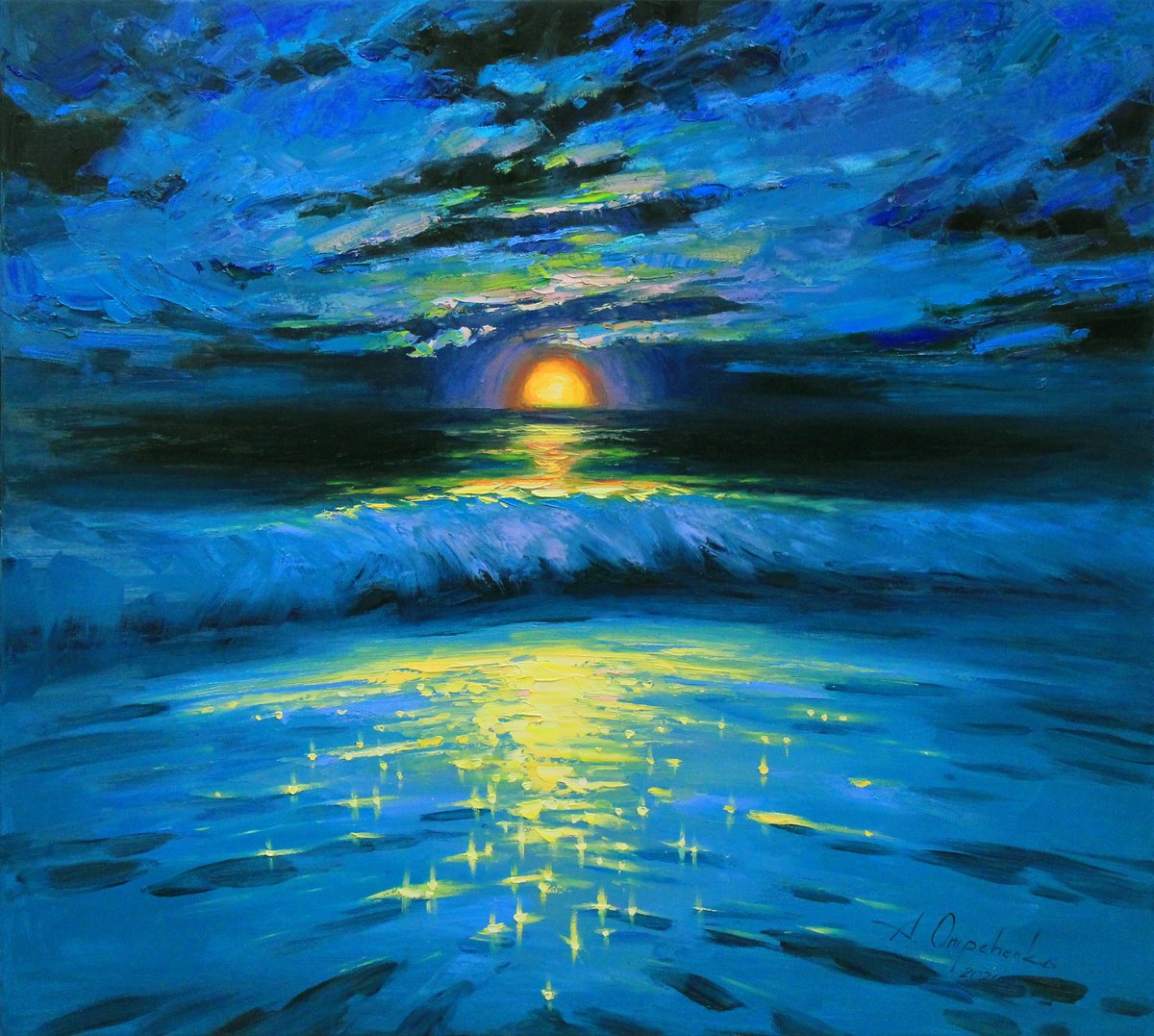 Impressionistic Landscape Oil Painting By Alisa Onipchenko-Cherniakovska, 39 X 35, Moonrise In Blue Over Sea, Original Artwork