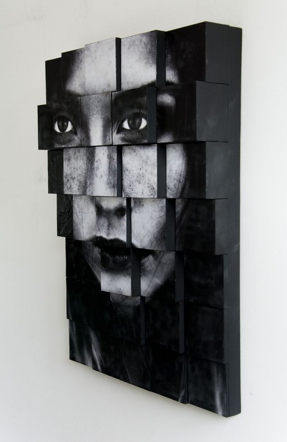 "Trascendenza" (71x51x15 cm) - Unique 3D double portrait artwork on wood (abstract, portrait, gold, original, resin, beeswax, painting)