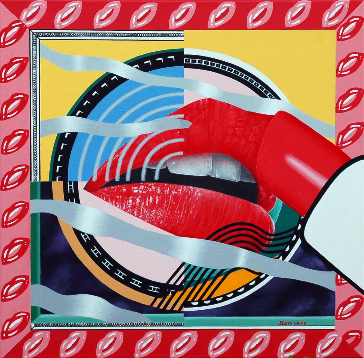 Urban And Pop Portrait Acrylic Painting By Steve White, 24 X 24", Lipstick In The Mirror, Original Artwork