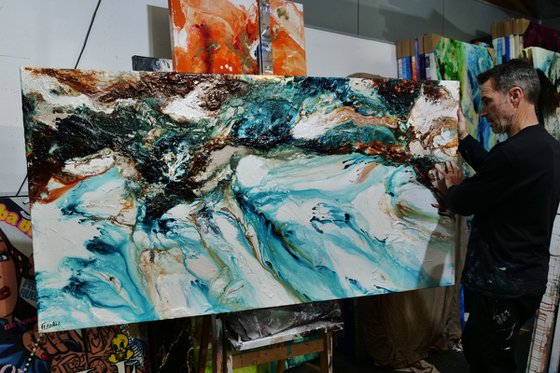 Crushed Southern Coast 190cm x 100cm Teal Oxide White Textured Abstract Art