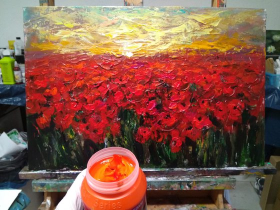 Sunset On Poppy Field. Original Impasto Acryl Painting With Palette Knife.