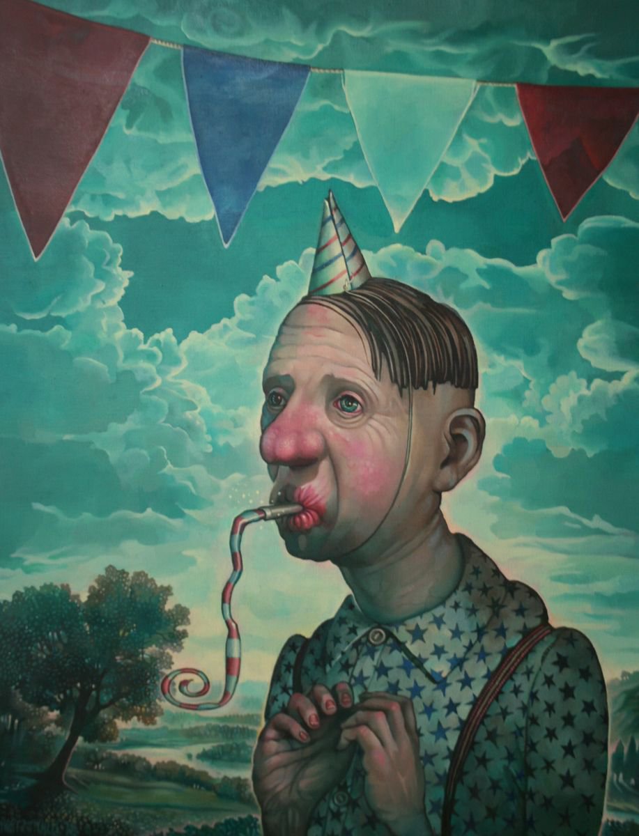 Naive Portrait Oil Painting By Rory Mitchell, 28 X 35", Red, White And Blue, Original Artwork