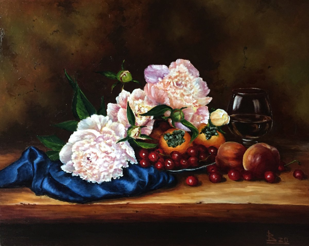 Impressionistic Botanical Oil Painting By Oleg Baulin, 20 X 16", Still Life With A Blue Scarf, Original Artwork