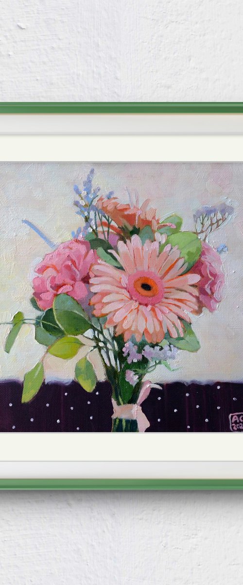 bouquet of gerbera and pinks 11*8 x 11*8 by Alexandra Sergeeva