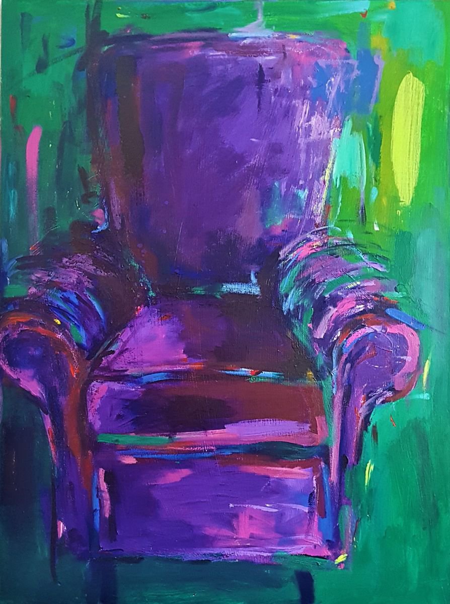 Impressionistic Still Life Acrylic Painting By Dawn Underwood, 24 X 31, Purple Armchair, Original Artwork