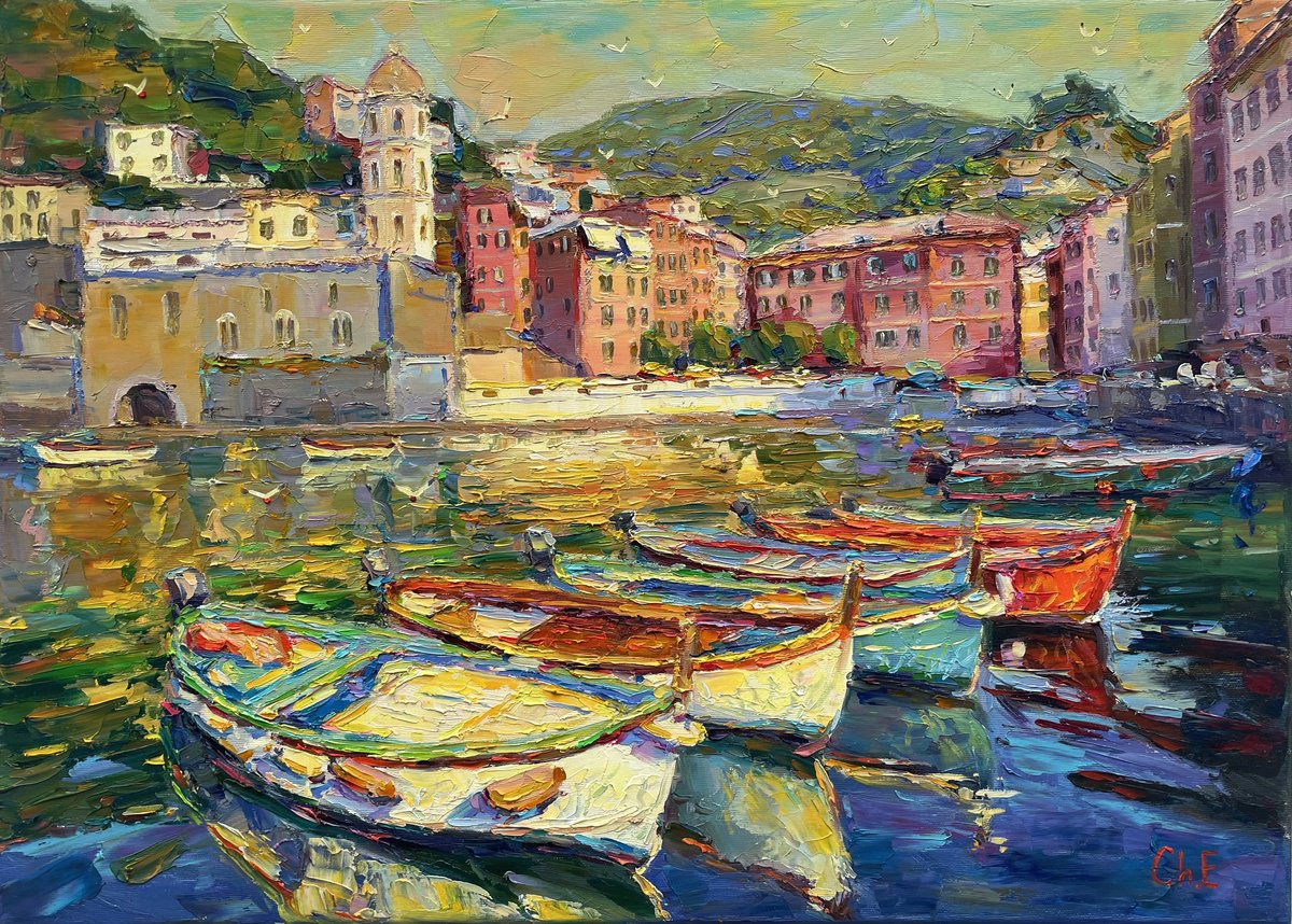 Impressionistic Cityscapes Oil Painting By Evgeny Chernyakovsky, 27 X 20, Boats At The Pier, Original Artwork