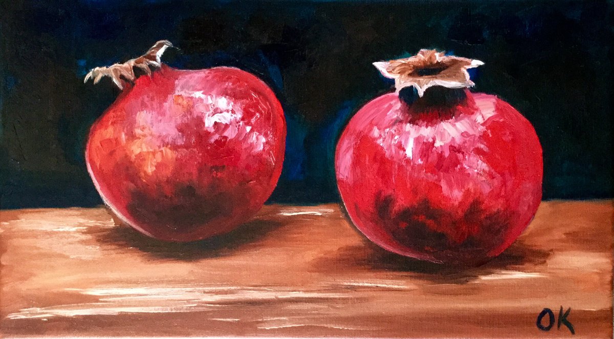 Still life with two Pomegranates fruits still life original oil painting on canvas wall d... by Olga Koval