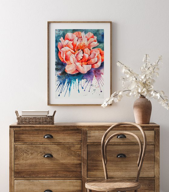 Explosive peony - original watercolor flower and splashes