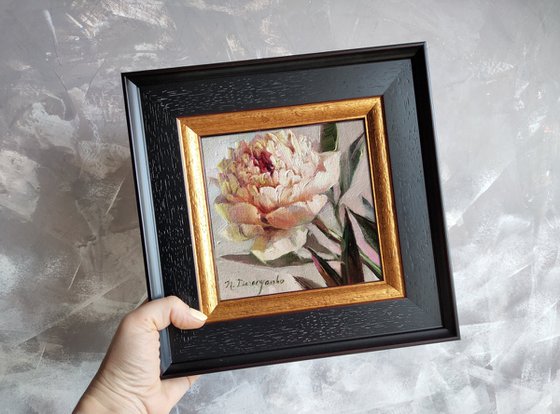 White peony art painting original, Unique flower gift for mother, Pale white peony wall art framed