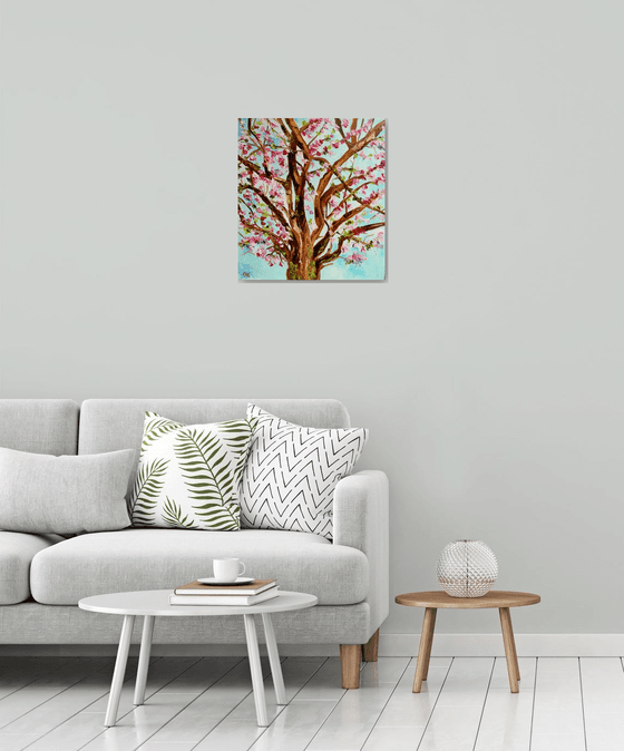 Apple blossom, tree near Bethnal Green, spring in London white, pink, turquoise ready to hang oil painting