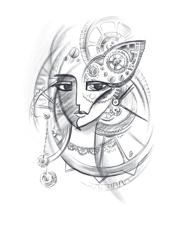 The Time, steampunk, woman portrait, sketch art, clockwork mechanism