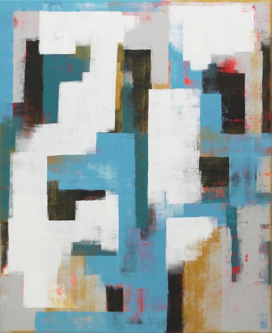 Vertical Abstract Painting: Untitled in Blue & Grey - 90x110 cm - Ronald Hunter - 2O