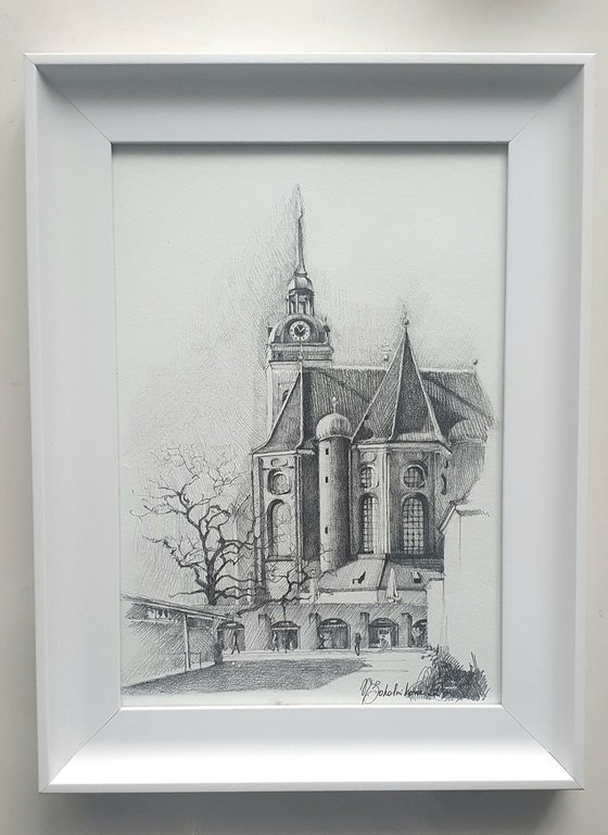 Munich - cityscape, monochrome drawing, framed