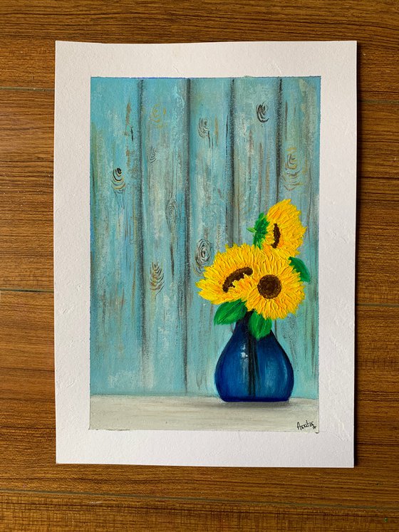 Sunflowers in blue vase ! Still life painting with sunflowers! A4 size Painting on paper