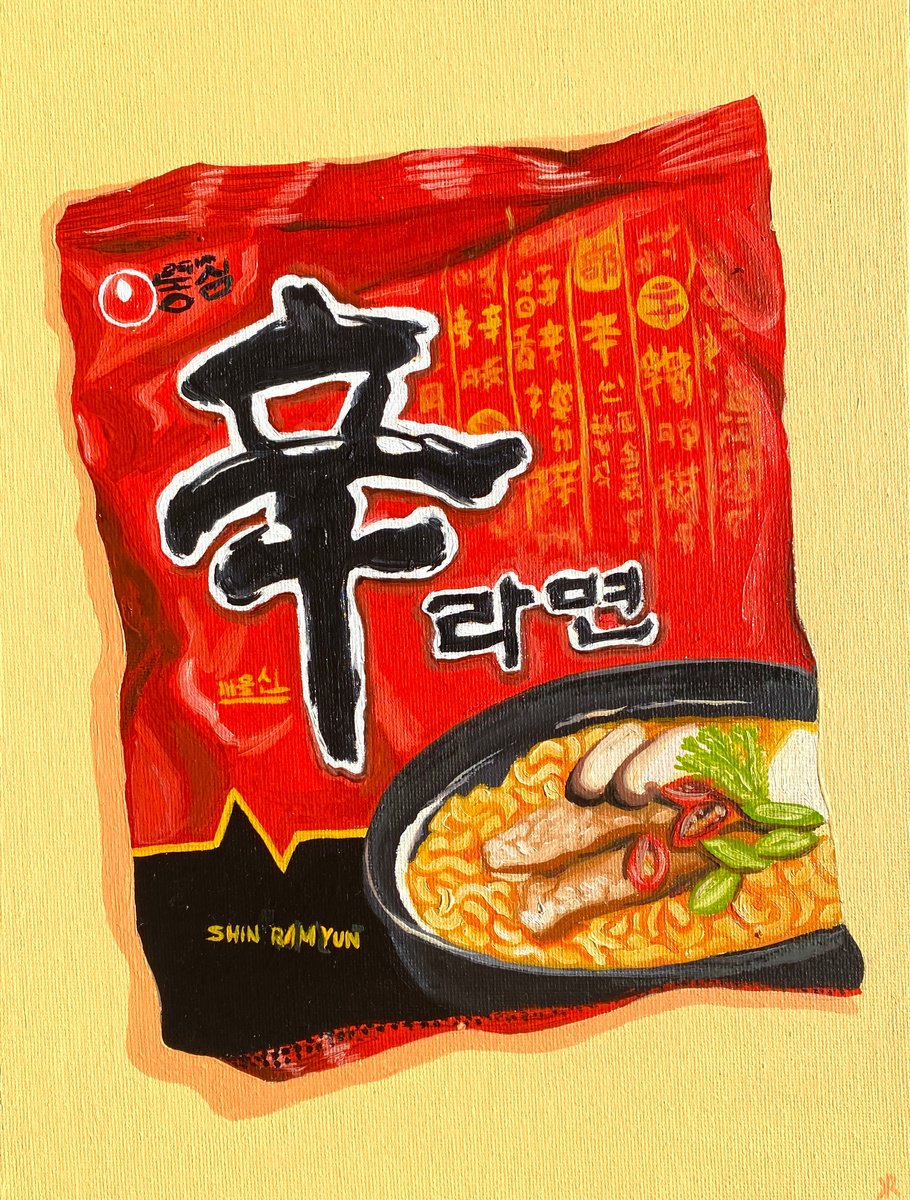 Urban And Pop Still Life Oil Painting By Kate Revill, 9 X 12", Shin Noodles, Original Artwork