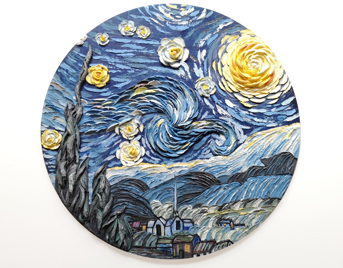 Impressionistic Landscape Sculpture By Irina Stepanova, 16 X 16, Starry Night. Relief Landscape, Original Artwork
