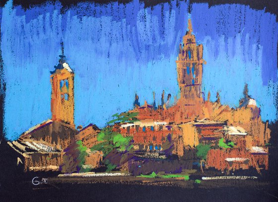 Plain air in Segovia. View of the cathedral. Oil pastel painting