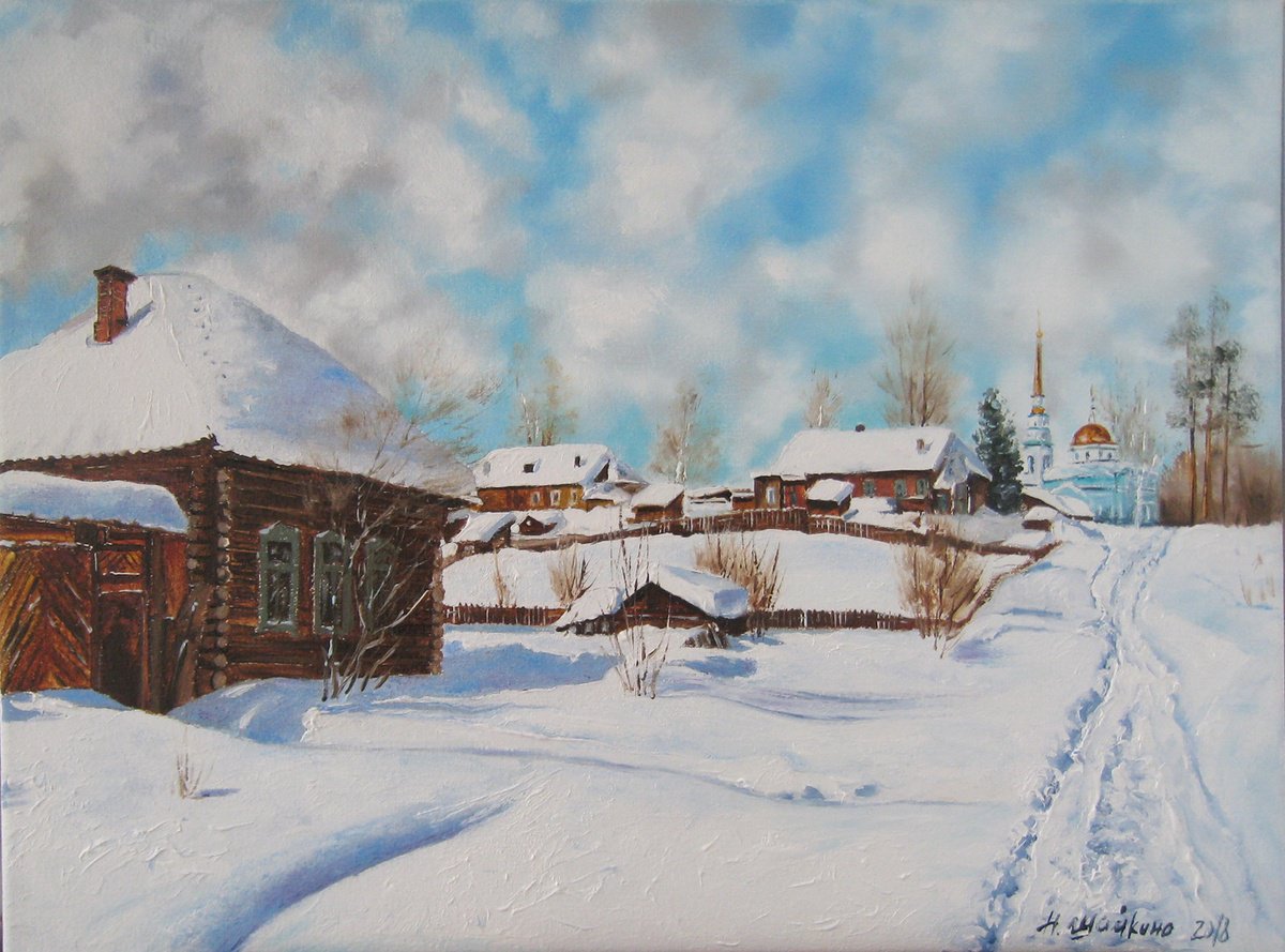 Impressionistic Landscape Oil Painting By Natalia Shaykina, 16 X 12", Country Winter, Original Artwork