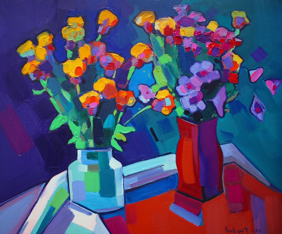 Impressionistic Still Life Oil Painting By Tigran Avetyan, 24 X 20", Mountain Flowers, Original Artwork