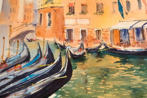 Venice. Two friends. Big format watercolor urban landscape Mediterranean italy sea bright architecture friendship girls urban gondola old travel