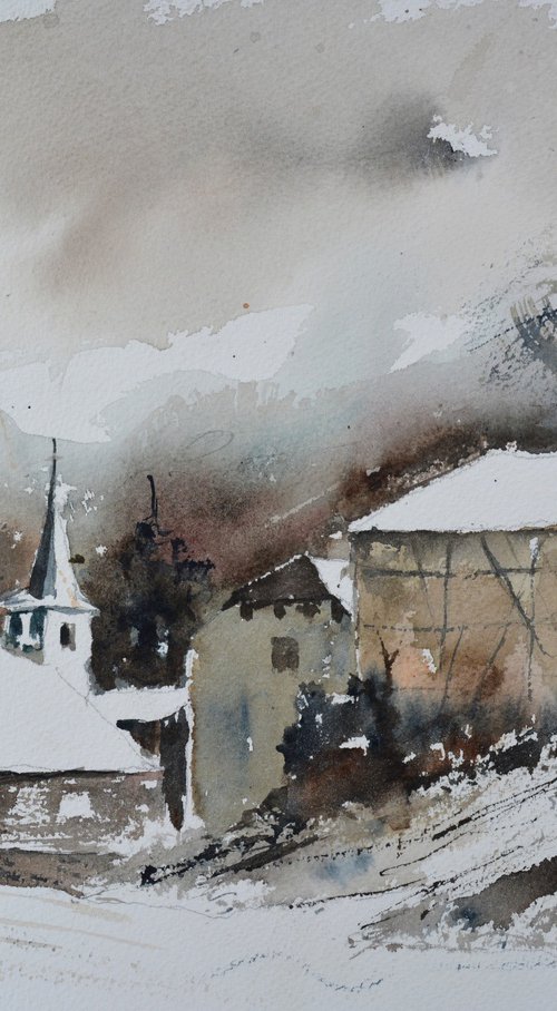 village in winter watercolor by Pol Henry Ledent