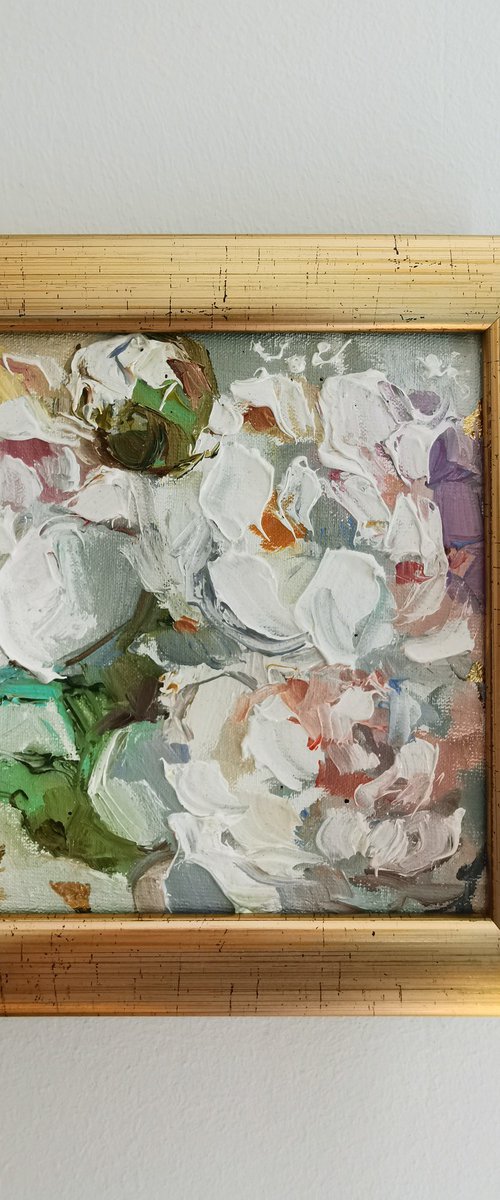 Miniature flowers painting, Textural white floral painting by Annet Loginova