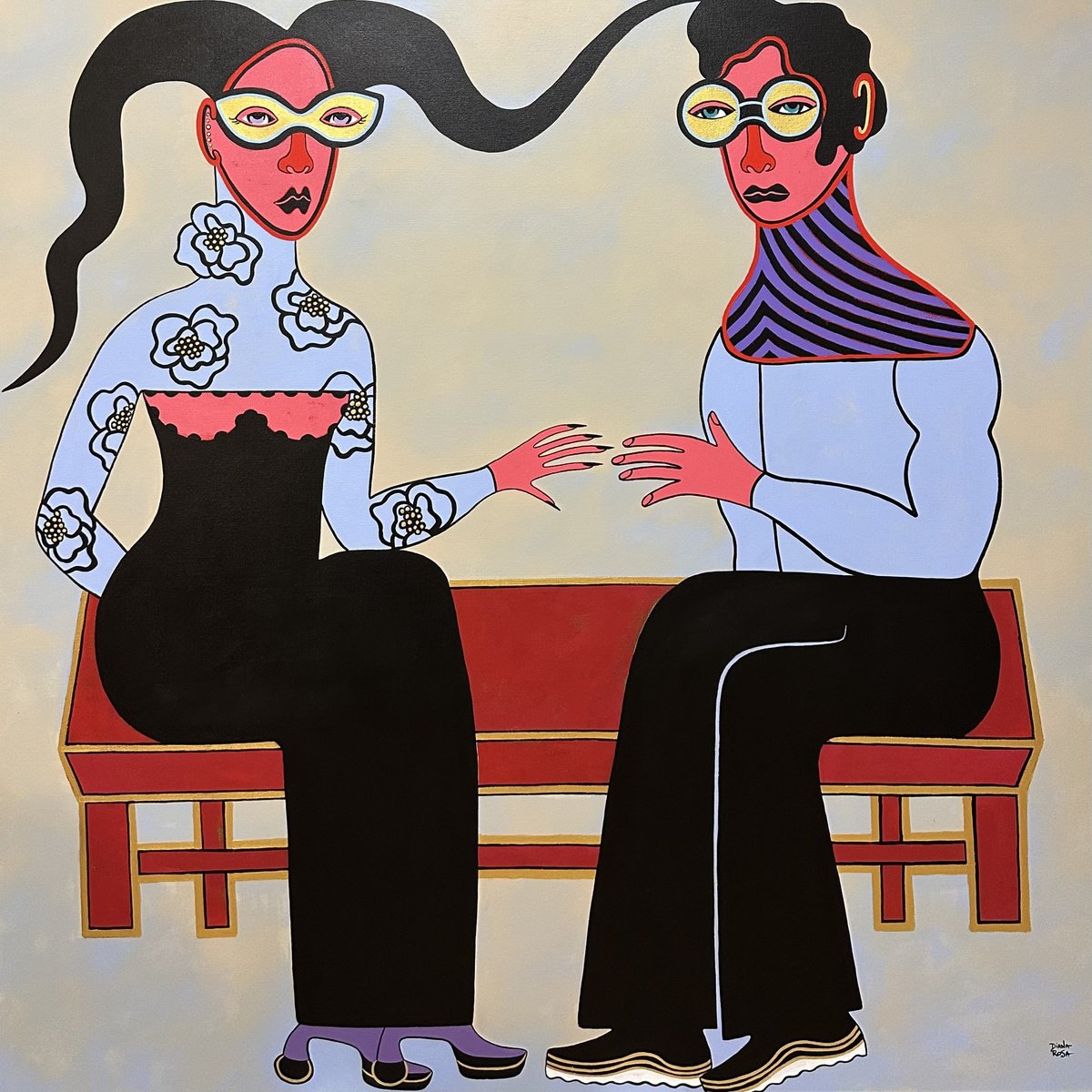 Surrealistic Portrait Acrylic Painting By Diana Rosa, 48 X 48, Love Bench, Original Artwork