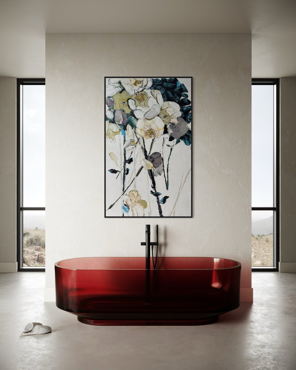 Impressionistic Botanical Acrylic Painting By Tetiana Hutsul, 37 X 63", i?clat De Fleurs, Original Artwork