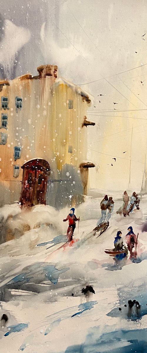 Sold Watercolor “Childhood games. Winter” perfect gift by Iulia Carchelan