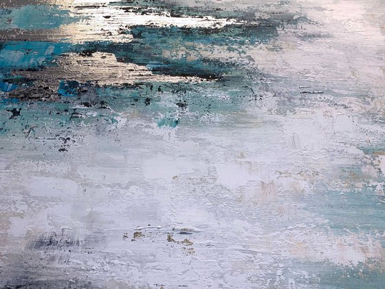 Light Of Day - Abstract White Grey Teal Silver Painting, Square Painting 32" Large Canvas, Minimalist Painting, Living Room Painting