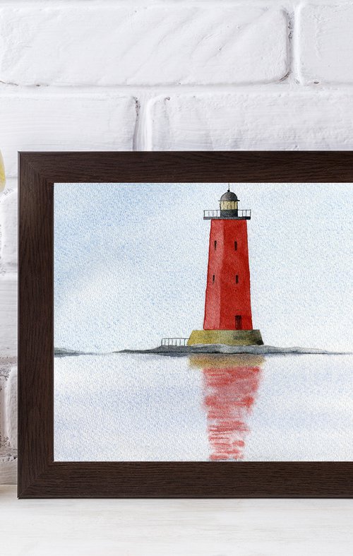 Red lighthouse in the sea. Minimalism. Original watercolor artwork. by Evgeniya Mokeeva