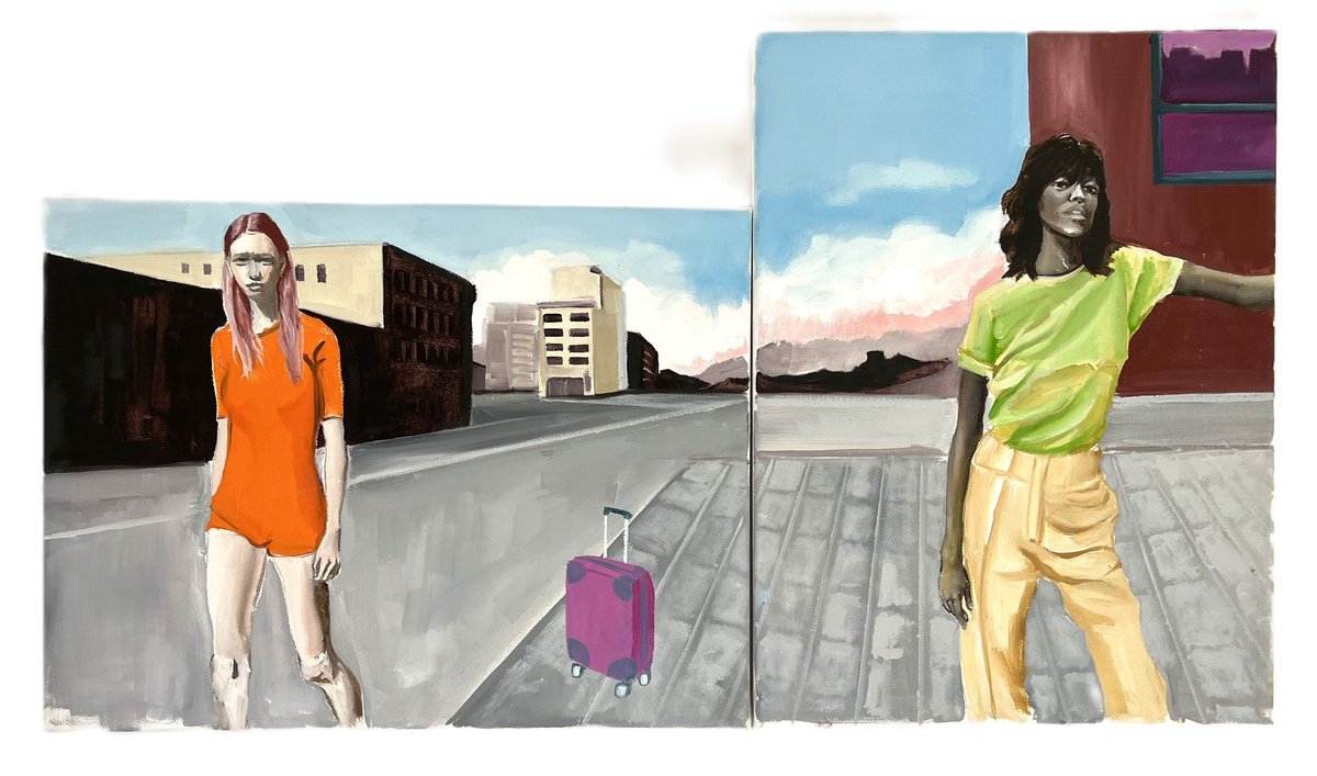 Urban And Pop Portrait Oil Painting By Kujbus Janos, 28 X 16", Forgotten - Diptych, Original Artwork