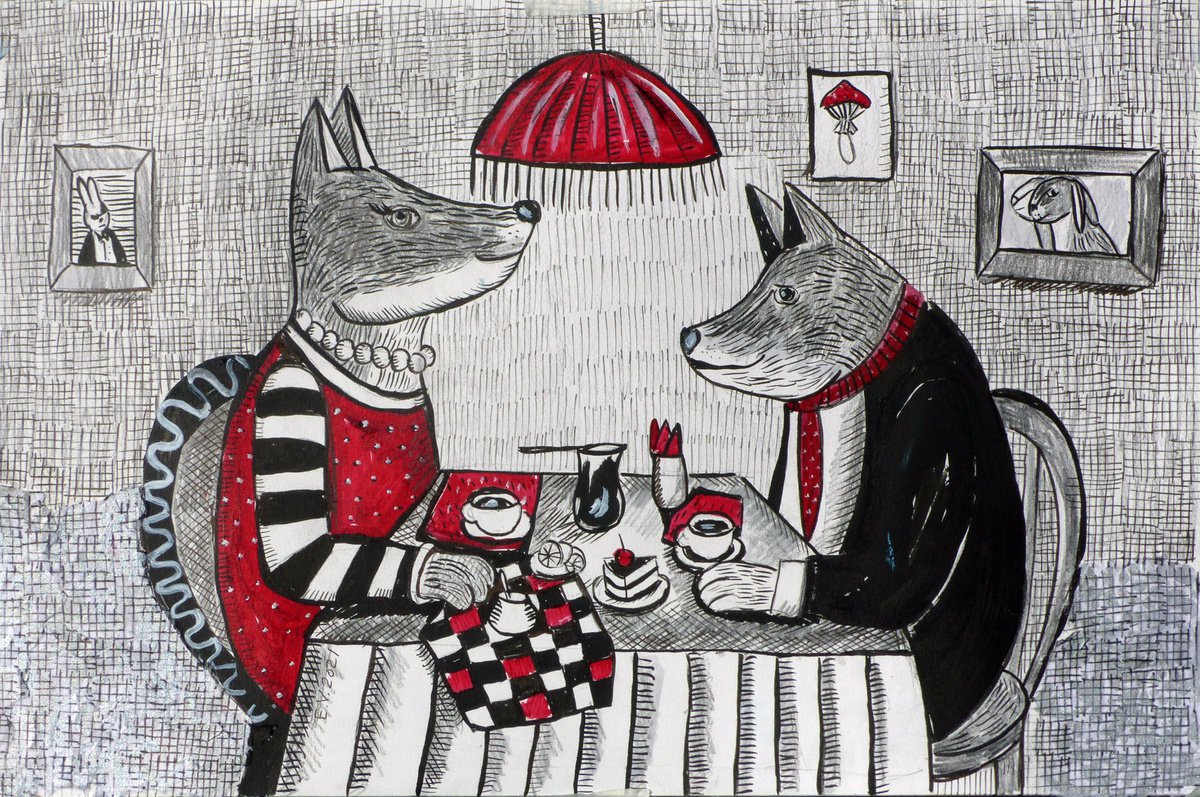 Illustrative Animal Ink Drawing By Elizabeth Vlasova, 18 X 12, Romantic Dinner Date, Original Artwork