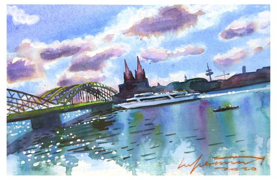 Cologne Cathedral and River Boat Watercolor Painting