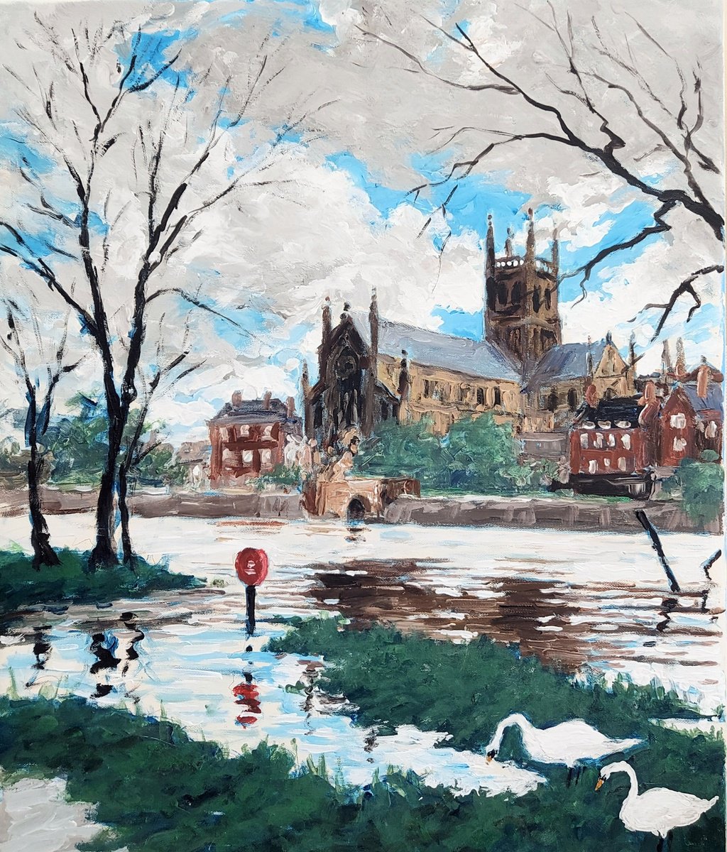Cityscapes Acrylic Painting By Colin Ross Jack, 20 X 24, Severn In Flood #2, Worcester, Original Artwork