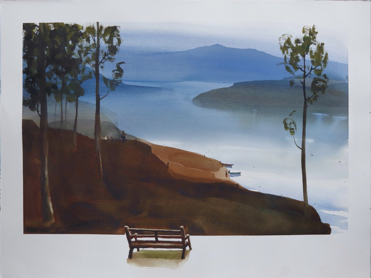 Impressionistic Landscape Watercolour By Prashant Prabhu, 30 X 22", Have A Seat And Enjoy The View, Original Artwork