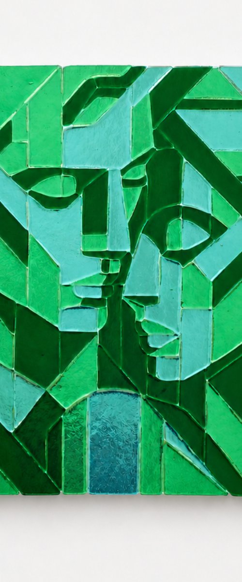 Green Lovers, Fused Glass Portrait by Oksana Saladino