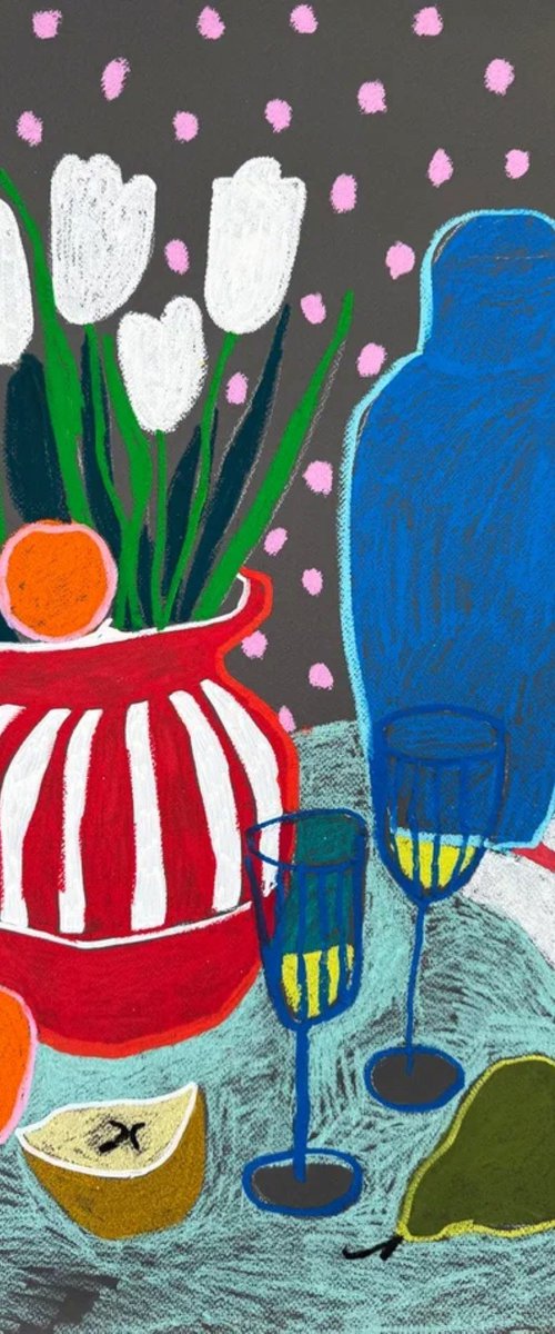 Tulips, Fruit and a Blue Visitor by Sasha Robinson