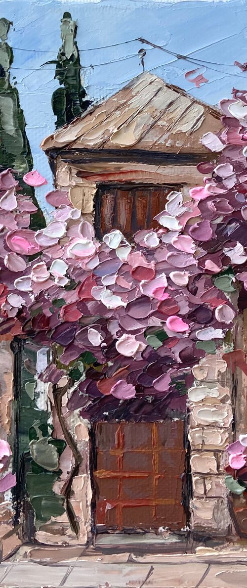 Romantic street flowers painting on canvas 18x18mini art impasto oil by Leysan Khasanova