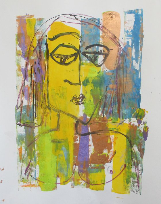 yellow expressiv girl - drawing  acryl on paper 25 x 20 inch