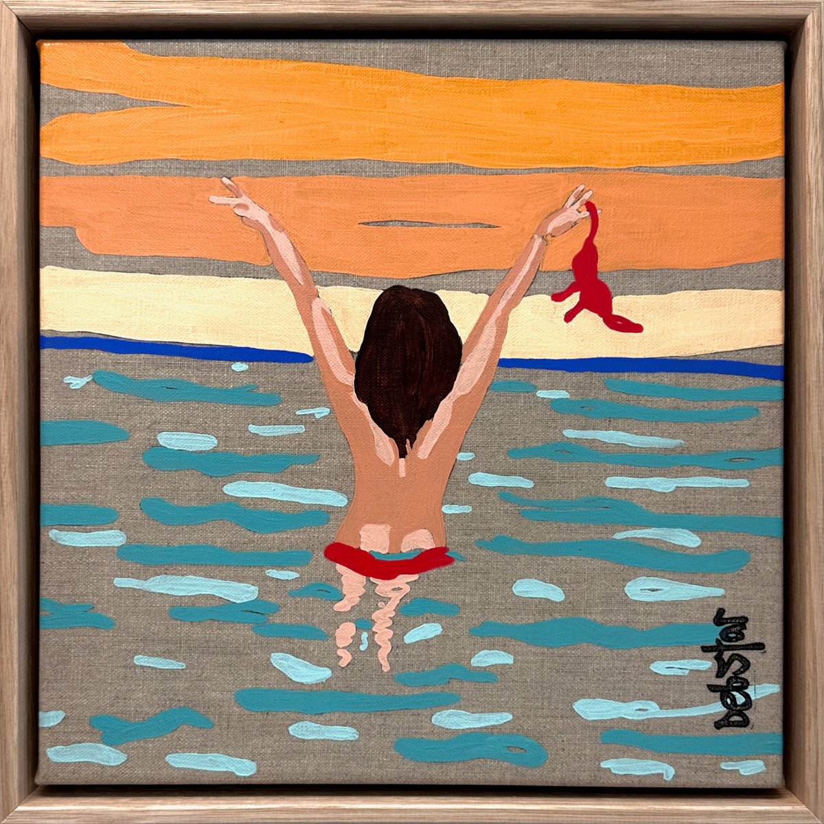 Urban And Pop Acrylic Painting , Lady In Red - Morning Dip 33.5Cm X 33.5Cm By Deborah Lang, 13 X 13, Artwork For Sale On Artfinder