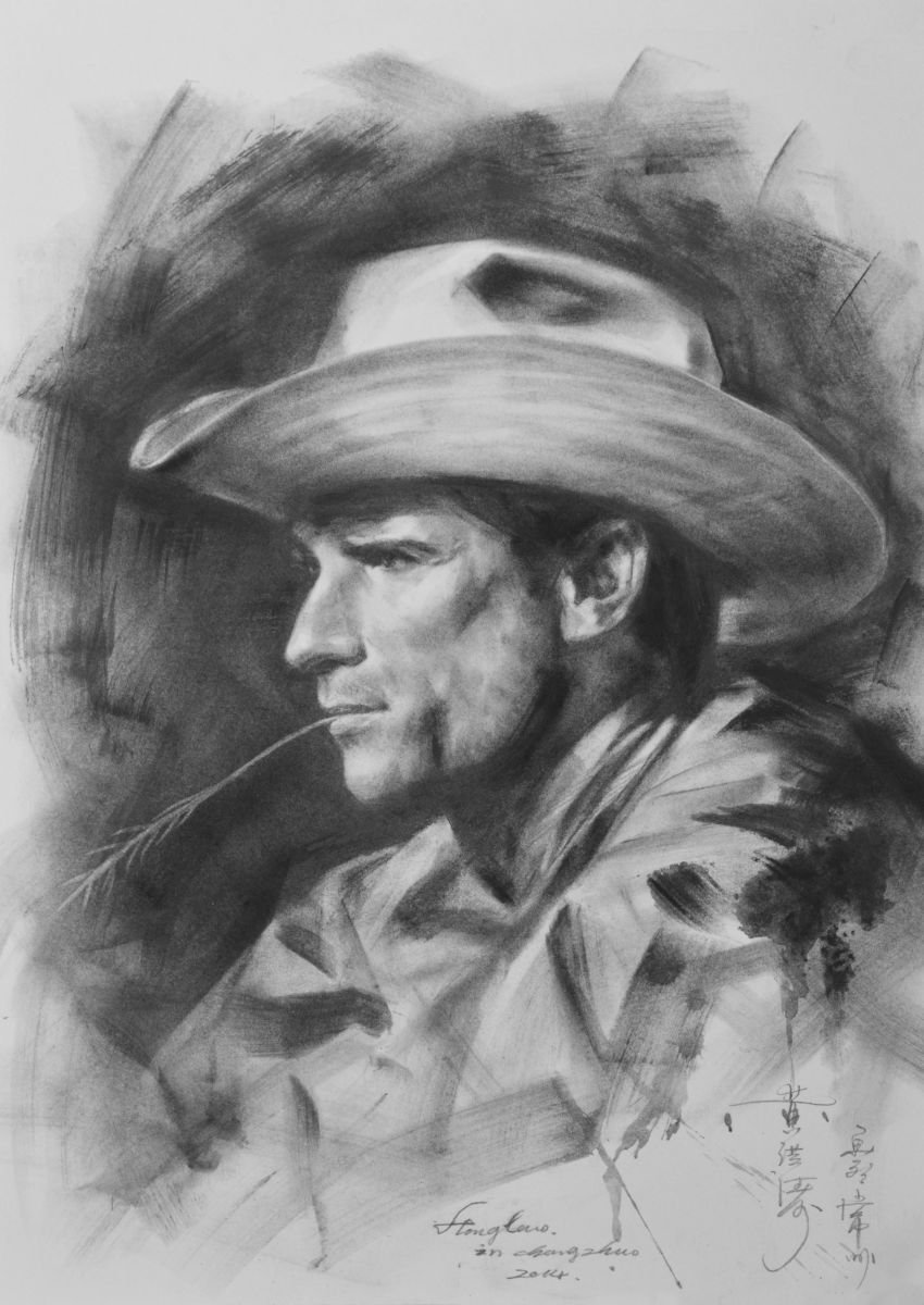 Urban And Pop Portrait Charcoal Drawing By Hongtao Huang, 11 X 15, Portrait Of Cowboy 5, Original Artwork